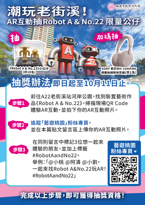 【轉知】桃園市政府文化局辦理A22老街溪站裝置藝術《Robot A & No. 22》限時免費LINE貼圖及臉書「藝遊桃園」AR拍照抽獎活動相關資訊案。圖片